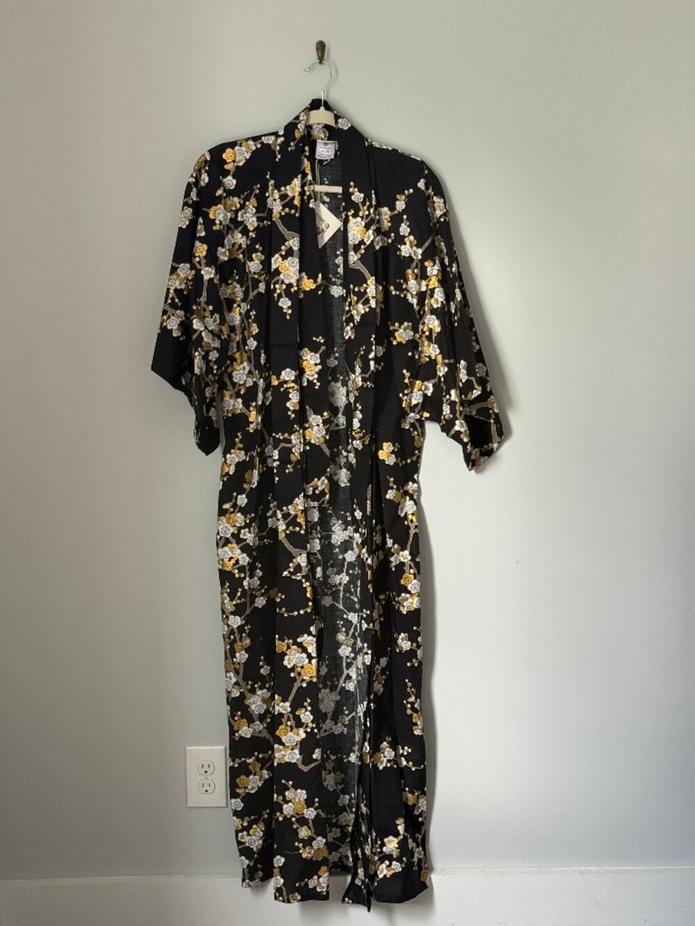 Made in Japan Cotton Kimono Robe black/gold cherry blossom print one size